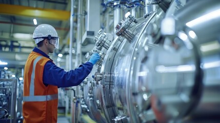 An engineer inspecting labor safety equipment in a factory.