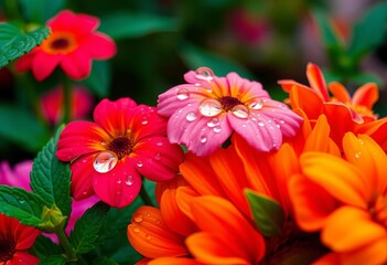 Close-up of water droplets on vibrant garden flowers,  image,  summer