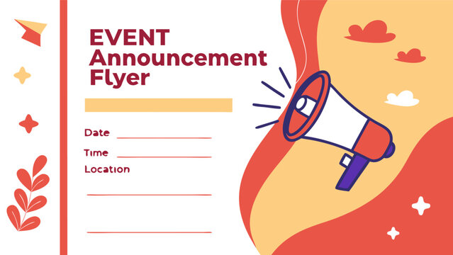Event announcement flyer template with megaphone graphic and date time location information blocks design