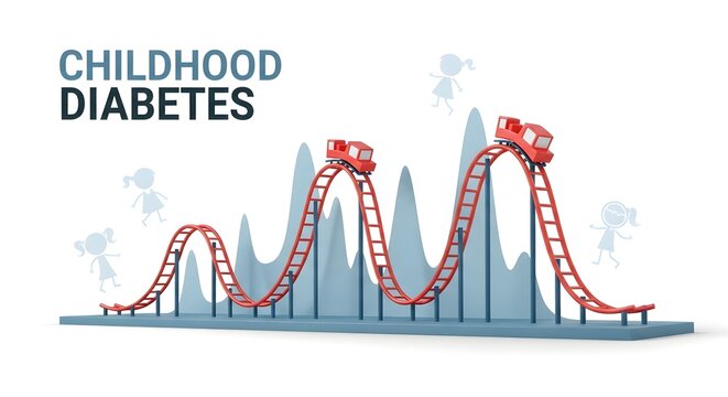 Illustration showing childhood diabetes with a roller coaster and cartoon girl figures around it