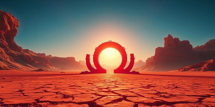 Crimson portal shimmering in a sun-bleached desert, alien technology against cracked earth,   wide shot,  beam