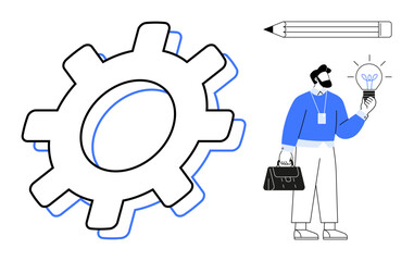 Gear symbolizes process, man holding lightbulb signifies innovation, pencil denotes planning. Ideal for teamwork, creativity, brainstorming, business strategy, process improvement, product design