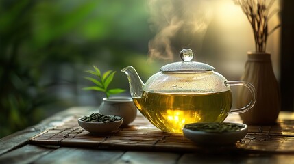 A steaming glass teapot filled with green tea sits on a wooden table surrounded by tea leaves and a small green plant in a peaceful, natural setting.