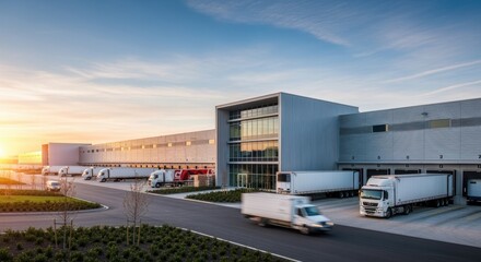 Obraz premium Daylight exterior of a freight distribution center emphasizing sleek architectural lines and transport vehicles.