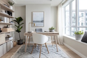 A simple, modern wooden desk with a white chair set up in front of a large window, with plants and natural light creating an inviting home office space