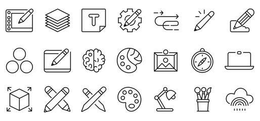 Creative Design Icon Set, Creative package, stationery, software, creativity, tools, drawing, collection, Line art drawing and digital art tools, Graphic design elements and artist equipment