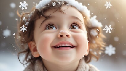 Joyful toddler looks up at falling snowflakes with a wide smile, winter wonder