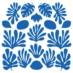 Blue abstract organic shapes and monstera leaves pattern on white background vector