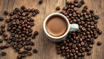 Fototapeta premium Espresso in small cup, coffee beans scattered on aged wooden table, beans, detail