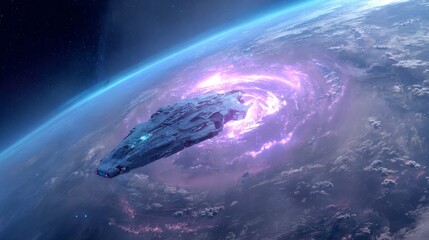 Spaceship above earth with dynamic atmospheric effects