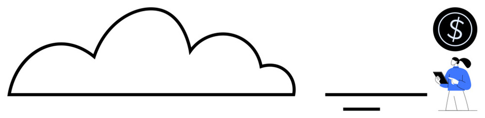 Cloud outline, user with tablet interacting with dollar icon. Ideal for cloud computing, fintech, digital payments, online savings, data economy, file storage, simple landing page