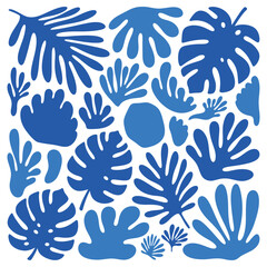 Blue abstract organic shapes and monstera leaves pattern tropical leaves