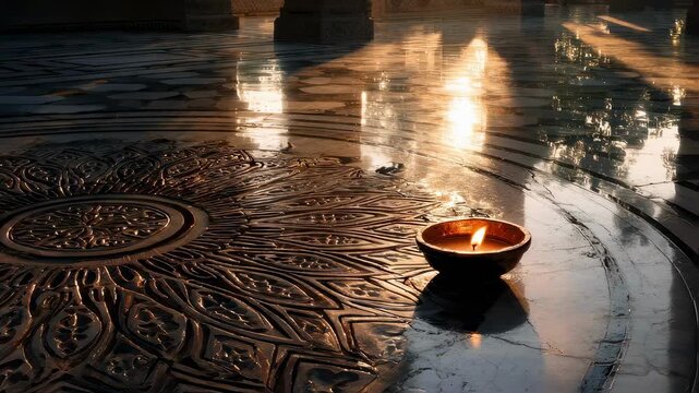 Serene morning light spills into an ancient temple courtyard where a lone diya casts a warm glow among intricate tile patterns. The soft ambient sounds of nature enhance the spiritual