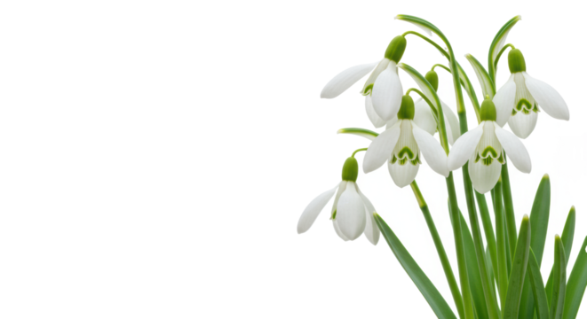Delicate cluster of white snowdrop flowers, bell-shaped petals, subtle green markings, vibrant stems, standing upright on a transparent background with copy space, soft shadowless lighting, macro,