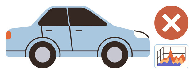 Blue car beside red error mark and performance chart signifying malfunction, maintenance, repair, technical diagnostics, vehicle health analysis, safety checks, monitoring. Ideal for auto mechanics