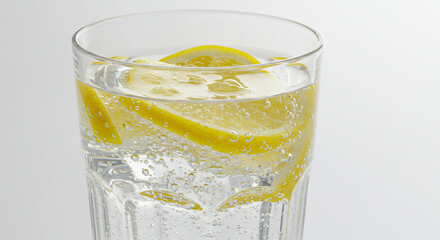 Glass of sparkling water with lemon on white background, detailed and fresh, ideal for health, beverage, or summer-themed images.