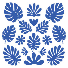 Blue monstera leaves and abstract floral shapes arranged symmetrically on white background monstera leaf