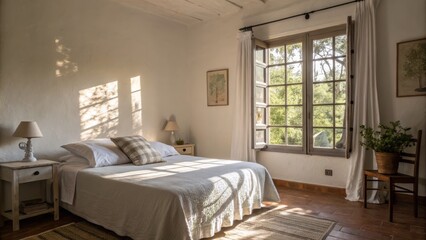 Fototapeta premium A cozy, sunlit bedroom with a large window, neutral tones, a comfortable bed, and simple decor creating a warm and inviting atmosphere.