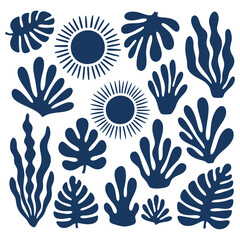 Dark blue abstract tropical leaves and sun shapes on white background botanical