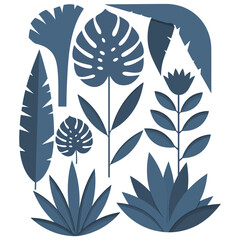 Collection of flat design tropical leaves and plants in blue tones monstera leaf palm leaf
