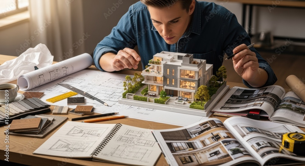 Poster detail of a designer examining a residential scale model on a desk filled with textures and sketches