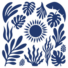 Dark blue tropical leaves and sun graphic elements on white background monstera leaves palm leaves