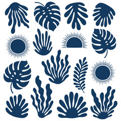 Dark Blue Silhouette Tropical Leaves and Sunburst Shapes on White Background monstera leaf palm leaf