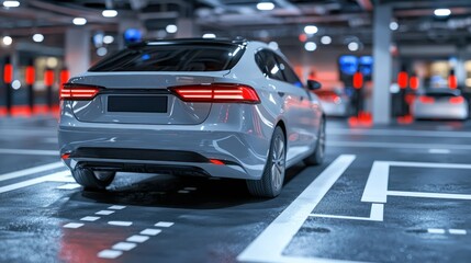 A smart car autonomously parking in a designated spot in an automated parking lot.