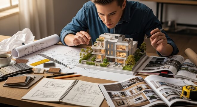 Detail of a designer examining a residential scale model on a desk filled with textures and sketches.