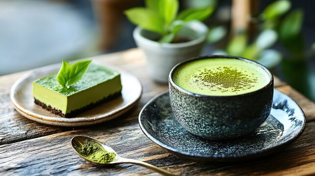 A cup of frothy matcha tea and a slice of matcha cake garnished with leaves, set on a wooden table with a blurred green plant background.