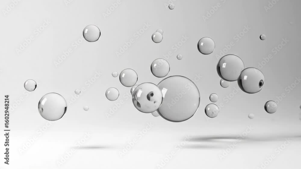 Poster floating transparent bubbles in a minimalist setting, creating a serene atmosphere with soft reflect