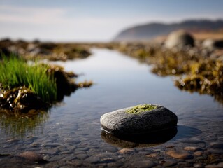 Tranquil stone resting in shallow water.
