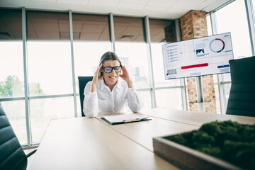 Confident businesswoman in formal office workspace working on presentations and charts during a...