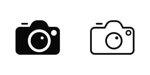 Simple Black and White Camera Icons:  Filled and Outline Styles for Digital Photography, Vector