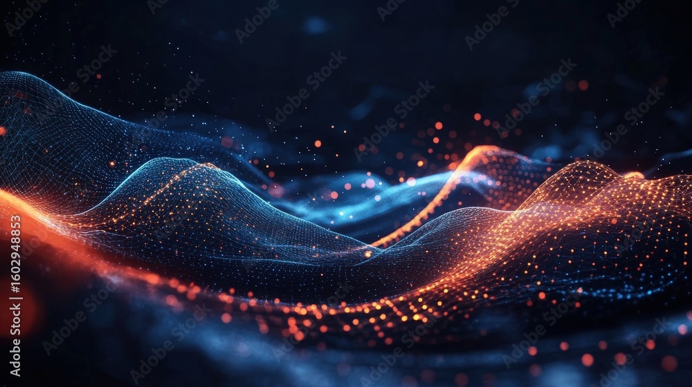 Aufkleber abstract digital waves with glowing orange and blue particles create a dynamic, flowing landscape of