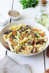 Penne pasta with chicken and mushrooms in creamy sauce. Italian cuisine. Recipe.