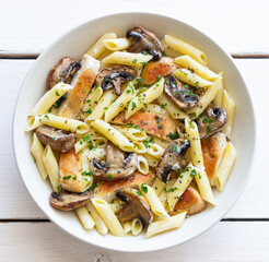 Penne pasta with chicken and mushrooms in creamy sauce. Italian cuisine. Recipe.