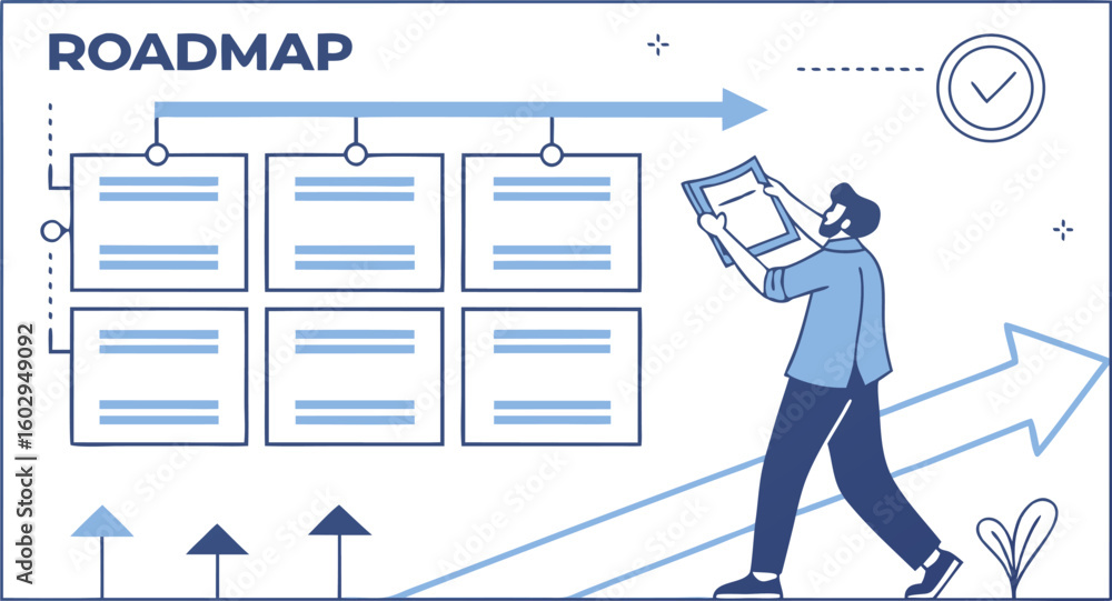 Poster illustration of a roadmap with a man holding a document and arrows pointing upwards and to the right