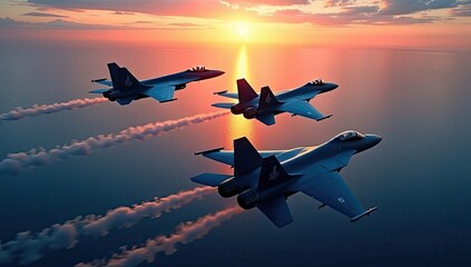 Airborne Aerial Display: Three fighter jets, a majestic aerial ballet against the backdrop of a radiant sunrise over the serene ocean, with each aircraft a testament to precision and speed



