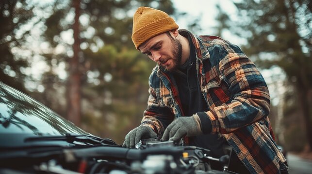 A man in a beanie and plaid jacket inspects a car engine outdoors in a forested area during autumn.