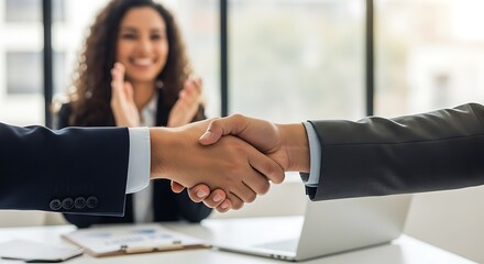Two business partners shake hands while a smiling colleague applauds in the background celebrating a successful deal