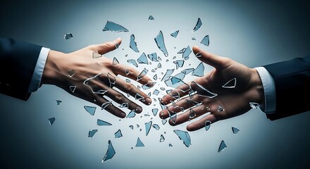 Two businessmen in suits shaking hands amidst shattering glass symbolizing a broken deal or a new beginning