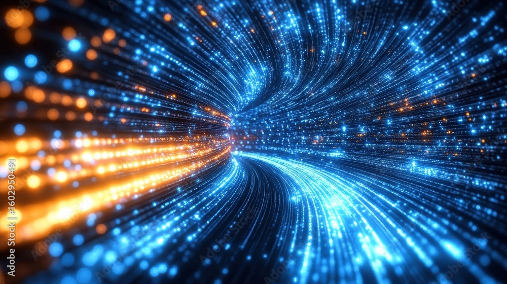 Poster a dynamic swirl of blue and orange glowing light particles creates a futuristic, flowing tunnel effe