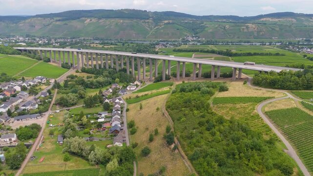Moselle Viaduct Longuich, between Trier and Schweich, bridge of highway crossing the Mosel river in the valley, german autobahn, aerial view