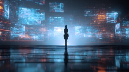 Fototapeta premium Silhouette Woman Facing Futuristic Holographic Data Interface; Cyberpunk, Sci-Fi, Technology Concept.