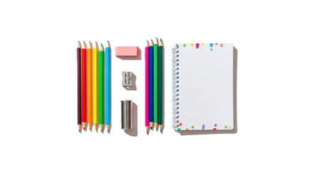  Isolated flat lay image of colorful pencils, eraser, sharpener, and notebook on transparent background, ideal for educational and design use