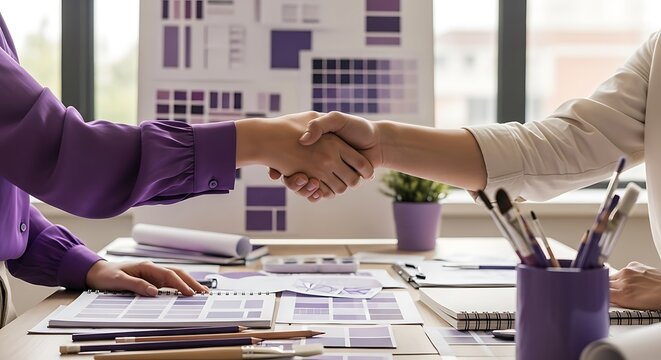 Two designers in a creative meeting shaking hands over color swatches and design layouts