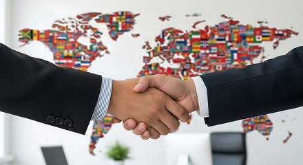 Two business people shaking hands in front of a world map covered in flags symbolizing global business deals and international partnerships