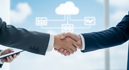 A handshake between two businessmen with a digital cloud graphic in the background symbolizing cloud computing data sharing and technology partnerships