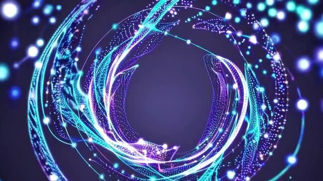 Colorful abstract glowing particle swirl loop.
Looping swirl of colorful glowing particles in digital abstract animation background.
